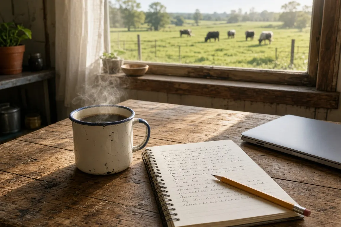 A farm kitchen table with a mug of coffee, a notebook of herd records and a laptop, morning light through a window overlooking a pasture
