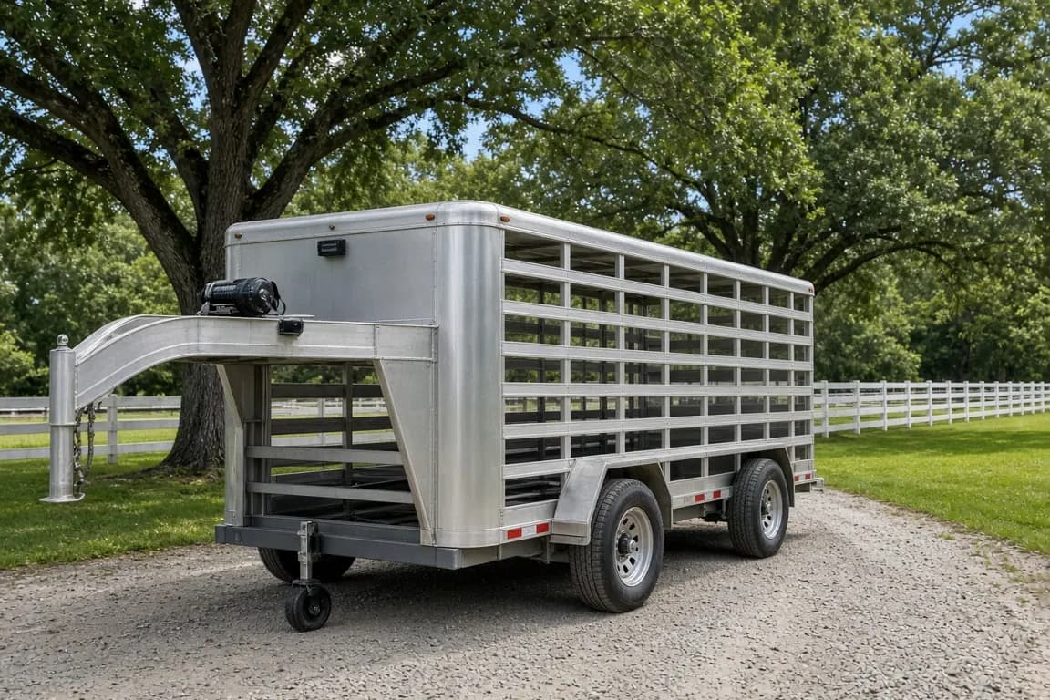 An empty gooseneck livestock trailer with a winch mounted at the front, parked on a gravel farm drive beside a white board fence