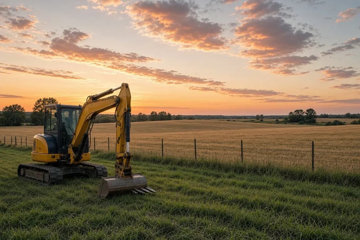 A yellow compact excavator parked at the edge of a fenced hayfield under a wide evening sky, bucket resting on the grass