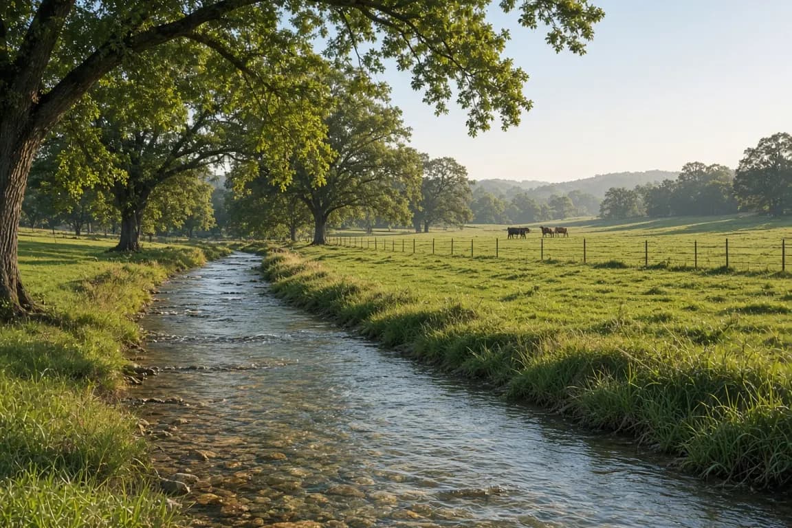 A clear creek winding through a green cattle pasture with cottonwood trees and a wire fence set well back from the bank, early summer light