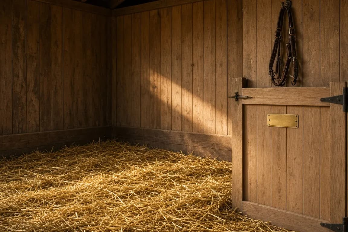 An empty wooden stall with a brass nameplate and a halter hanging on the door, soft evening light falling on fresh straw