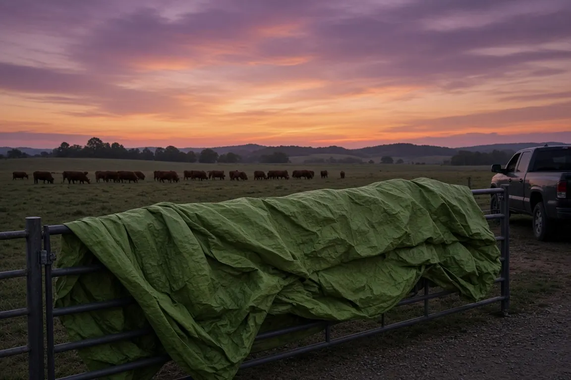 A green tarp folded over a pasture gate beside a pickup truck at dusk, with a herd of red Angus cows grazing in the distance