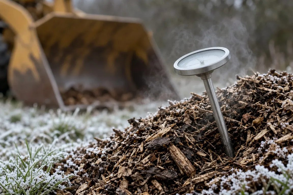 A long steel compost thermometer pushed into a mound of wood chips on a frosty autumn morning, a tractor bucket in the background