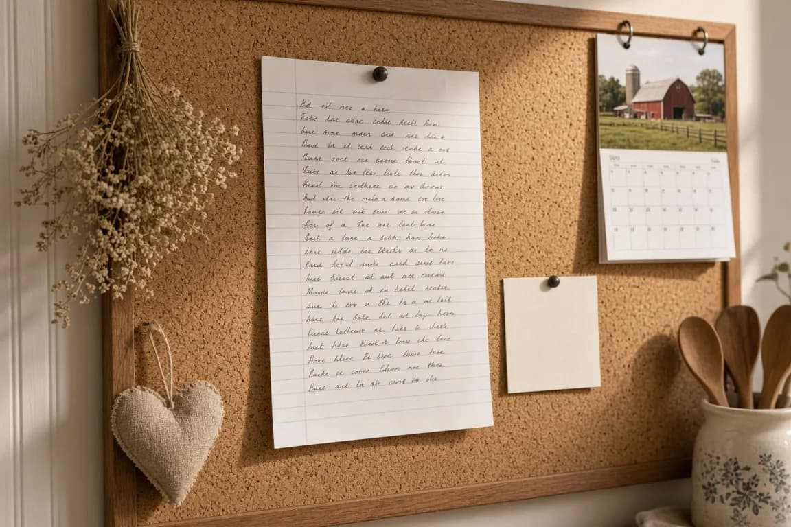 A handwritten plan on lined paper pinned to a farmhouse kitchen corkboard beside a vet's business card and a feed store calendar