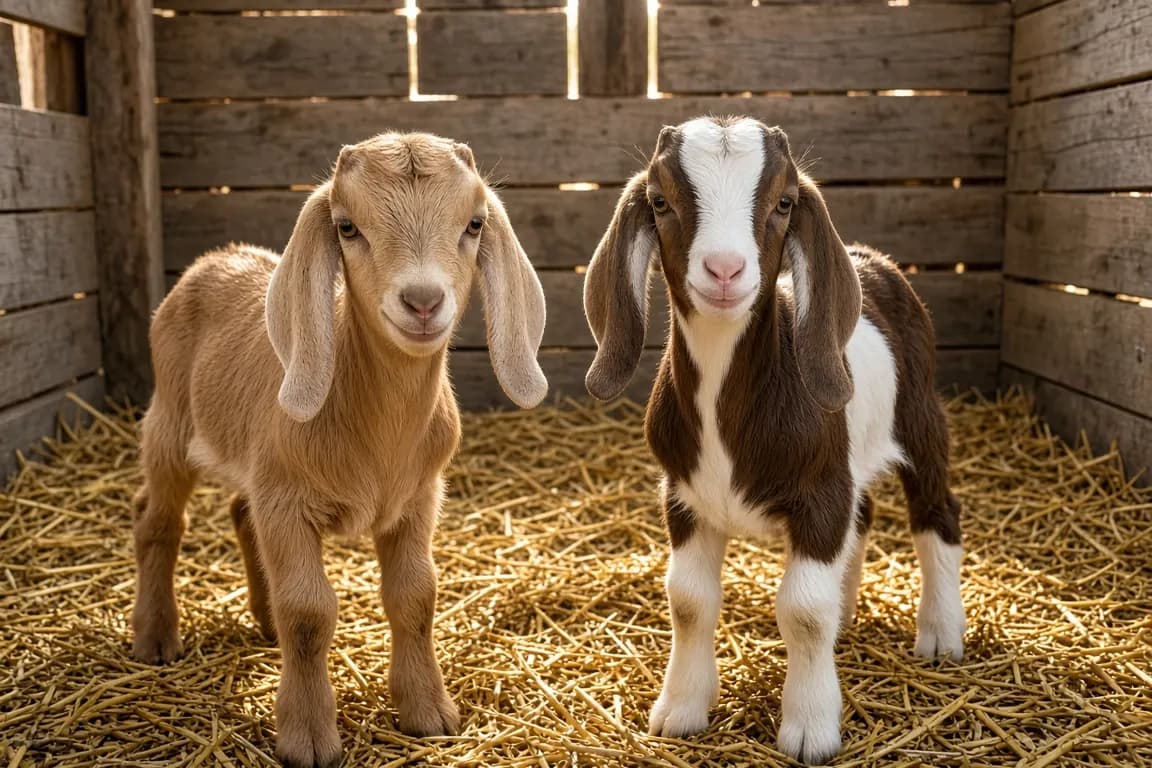 Two Nubian goats with long ears standing in a straw-bedded stall with afternoon light through the barn boards