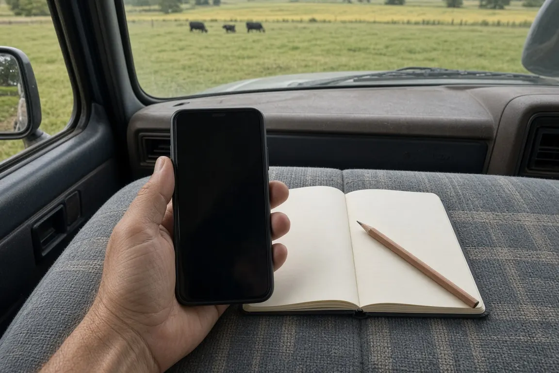 A farmer's weathered hand holding a phone beside an open notebook with a pencil on a pickup truck's bench seat, a pasture visible through the windshield