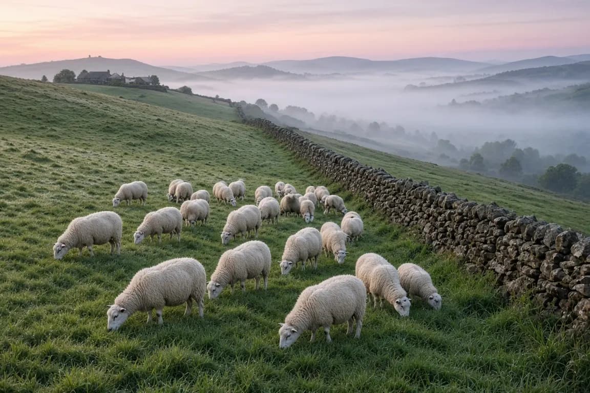 A flock of white-faced ewes grazing on a green hillside at first light, with a stone wall and a farmhouse in the distance
