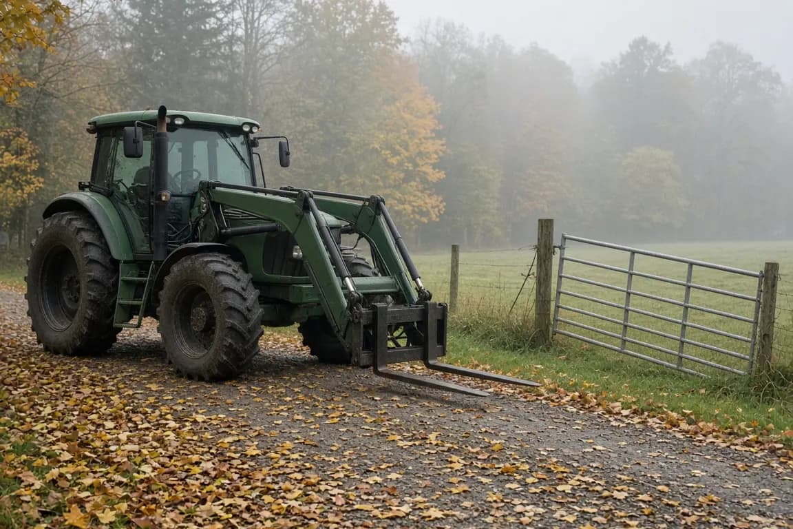 A green farm tractor with a front-end loader and pallet forks parked beside an open pasture gate on a misty autumn morning