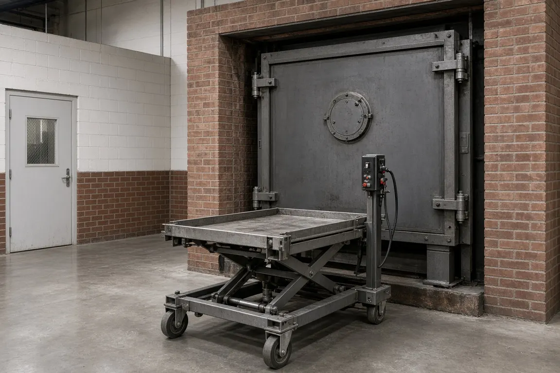 The closed steel door of a large-animal cremation unit in a clean, well-lit industrial building, with a hydraulic loading cart parked in front