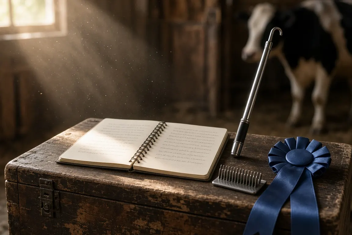 A child's 4-H record book open on a wooden tack box beside a show stick, a comb and a blue ribbon in a sunlit barn