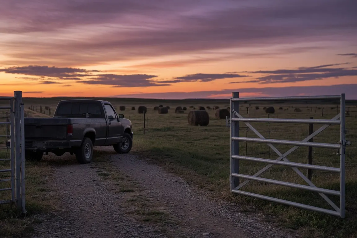 A farm pickup truck parked at an open metal ranch gate on a gravel lane at dusk, fields and round bales behind