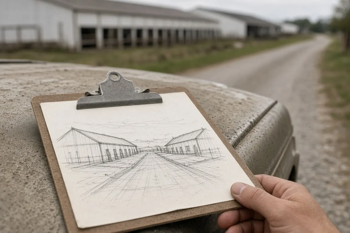 A hand-drawn farm site map on a clipboard resting on a pickup truck hood beside a gravel lane and a row of hog barns