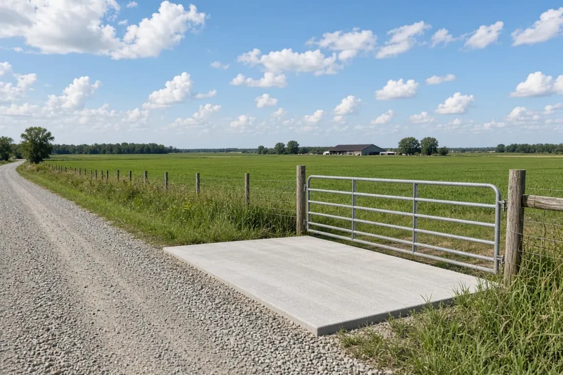 A clean concrete pad beside a gravel county road at the edge of a farm, with a closed metal gate and green fields behind