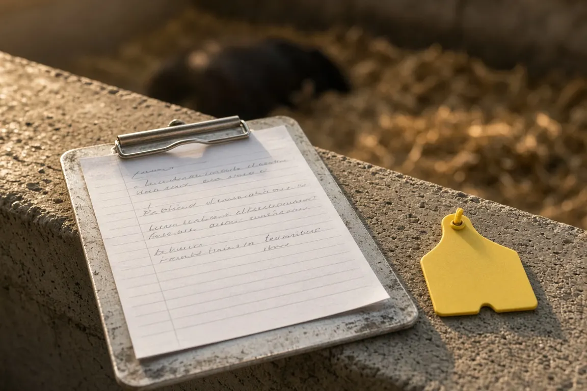 A worn clipboard with a handwritten log sheet and a yellow ear tag resting on a feed bunk in morning light