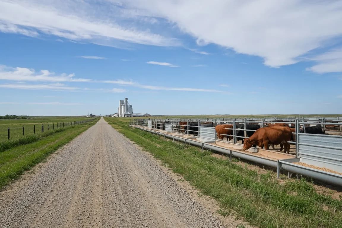 A gravel county road running past a row of feedlot pens and a grain elevator under a wide blue prairie sky