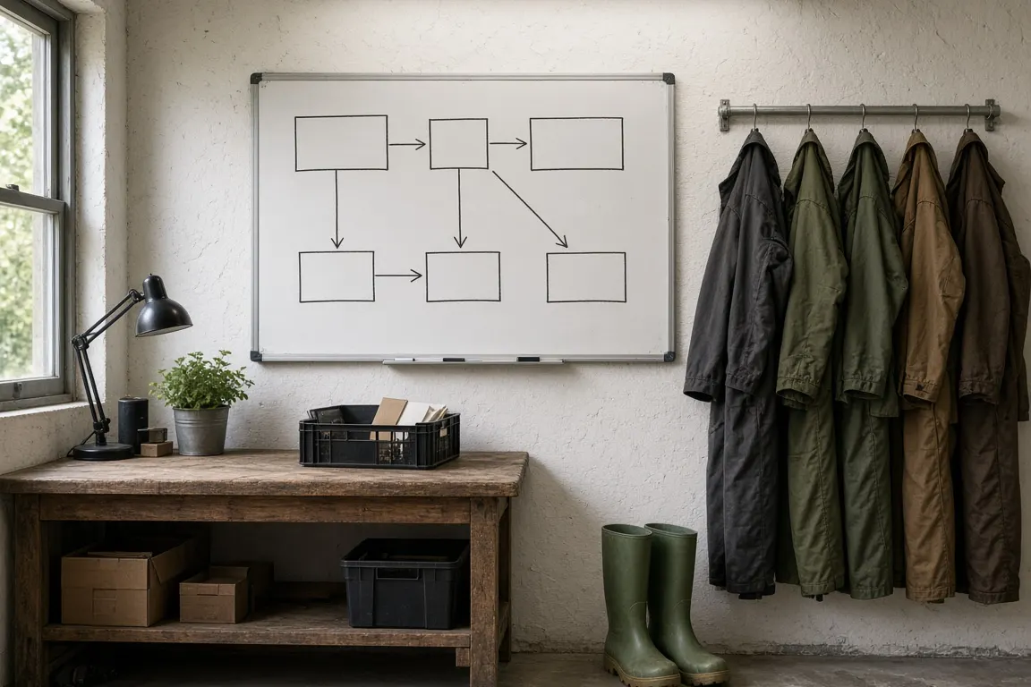 A whiteboard on a barn office wall with a hand-drawn site map and task list, beside hanging coveralls and rubber boots