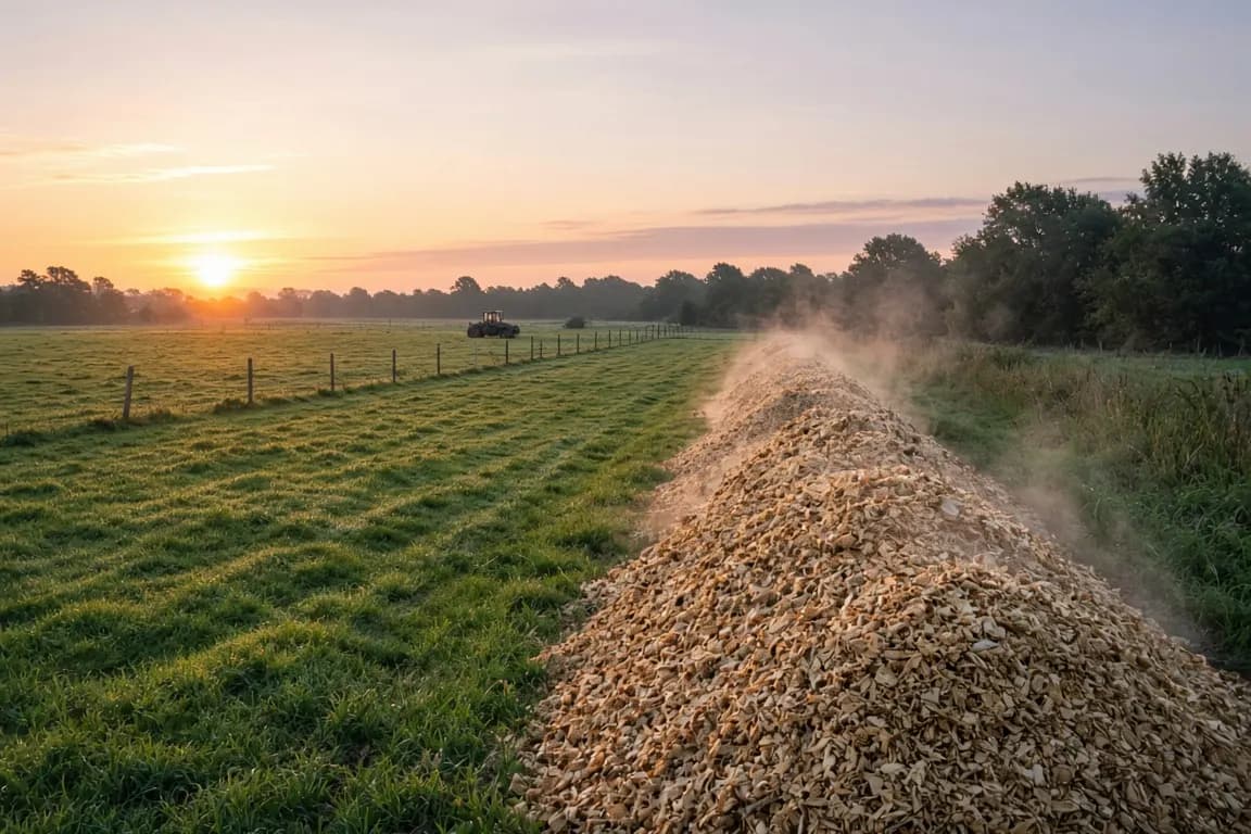 A long windrow of wood chips and straw along the edge of a cattle pasture at sunrise, steam rising gently