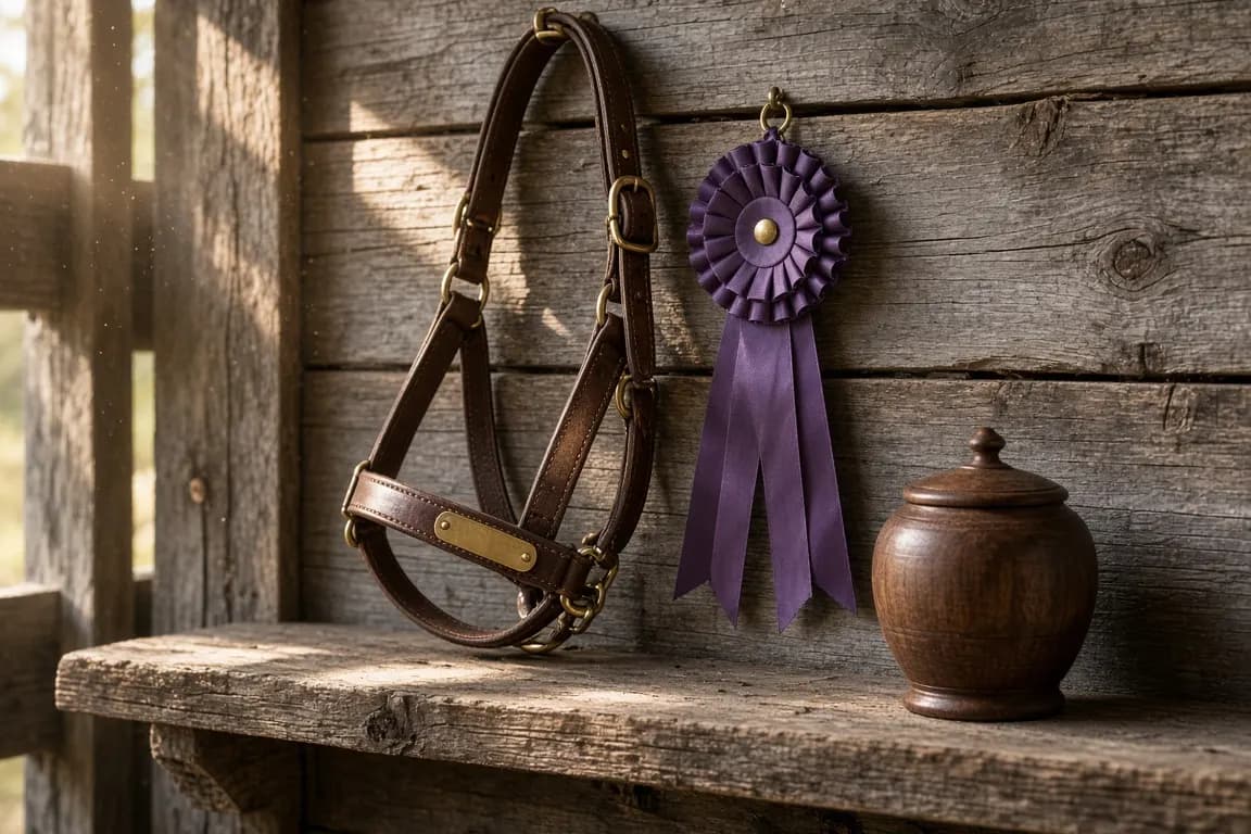 A leather show halter and a purple rosette hanging on a weathered barn wall beside a small wooden urn on a shelf