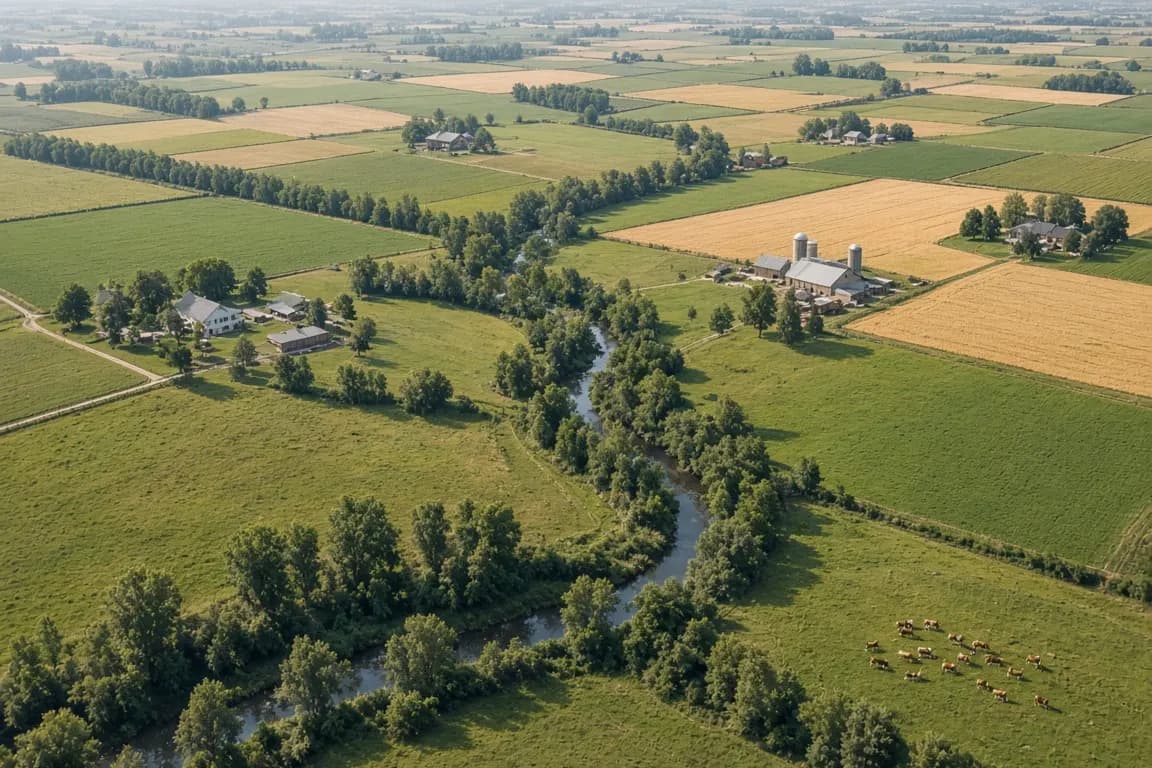Aerial view of a patchwork of fields, a winding creek and scattered farmsteads in late summer, with cattle grazing in one pasture