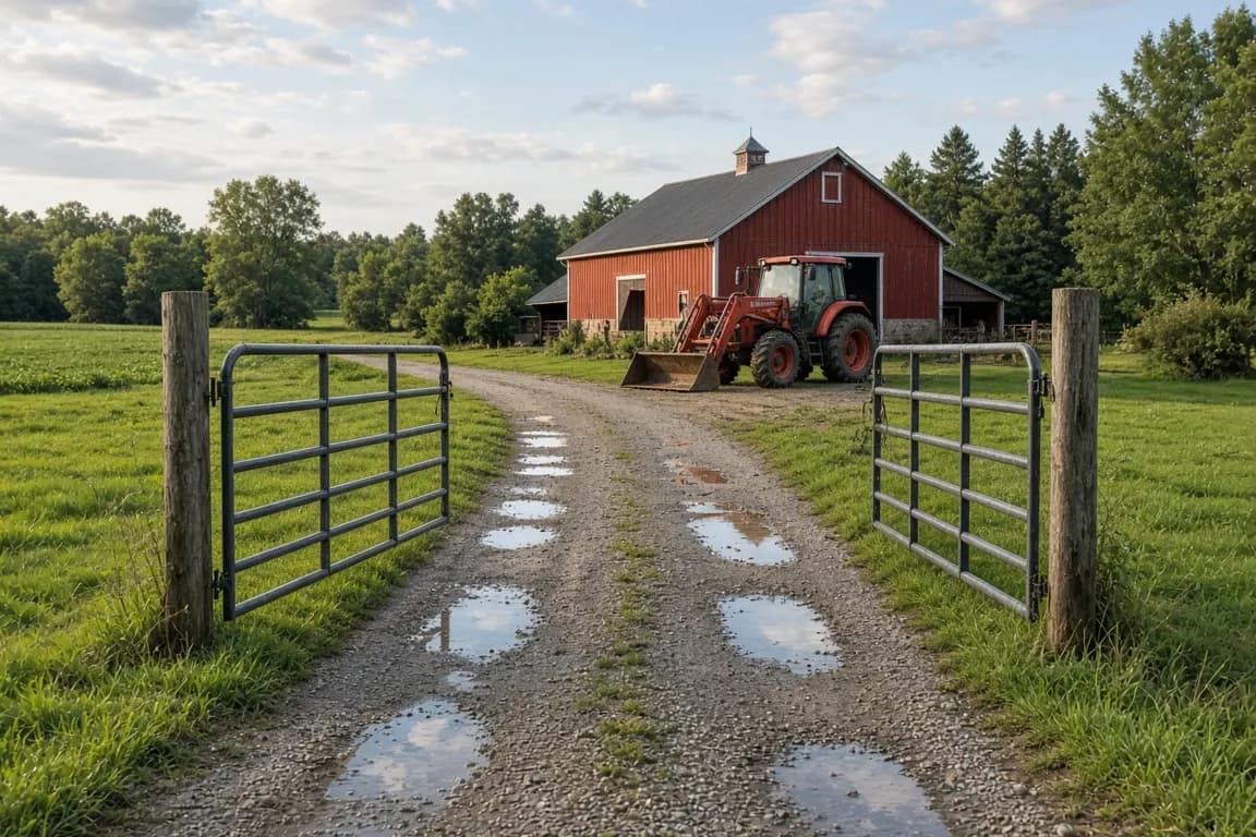 A gravel farm lane leading to a red barn with an open gate and a tractor with a front loader parked in the yard
