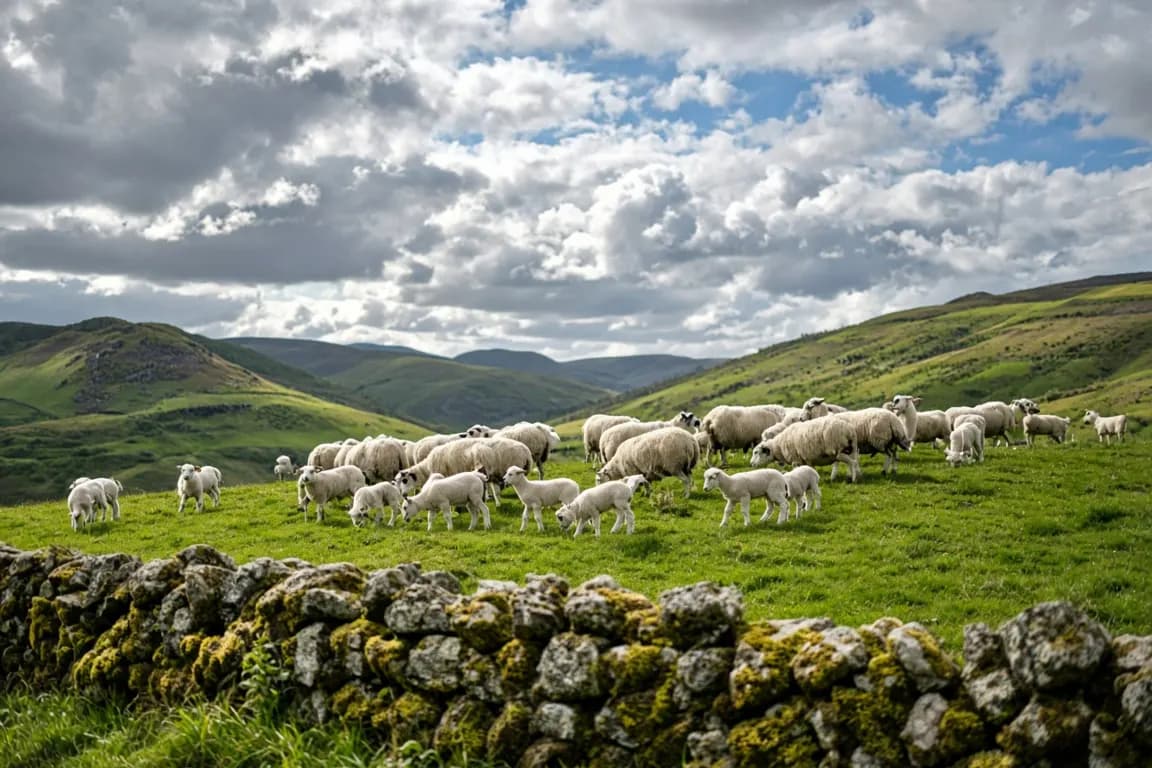 A flock of white-faced ewes and spring lambs grazing a green hillside under a broken cloud sky, a dry-stone wall in the foreground