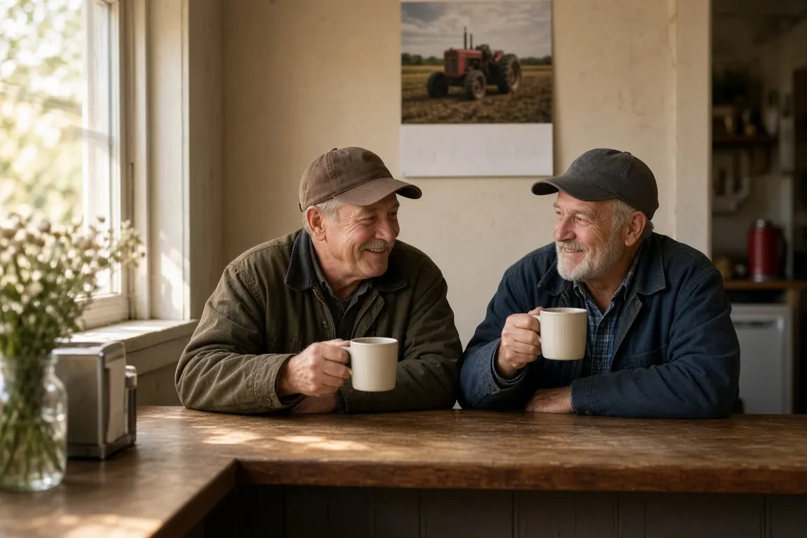 Two farmers in work jackets talking over coffee at a small-town diner counter, a feed store calendar on the wall behind them