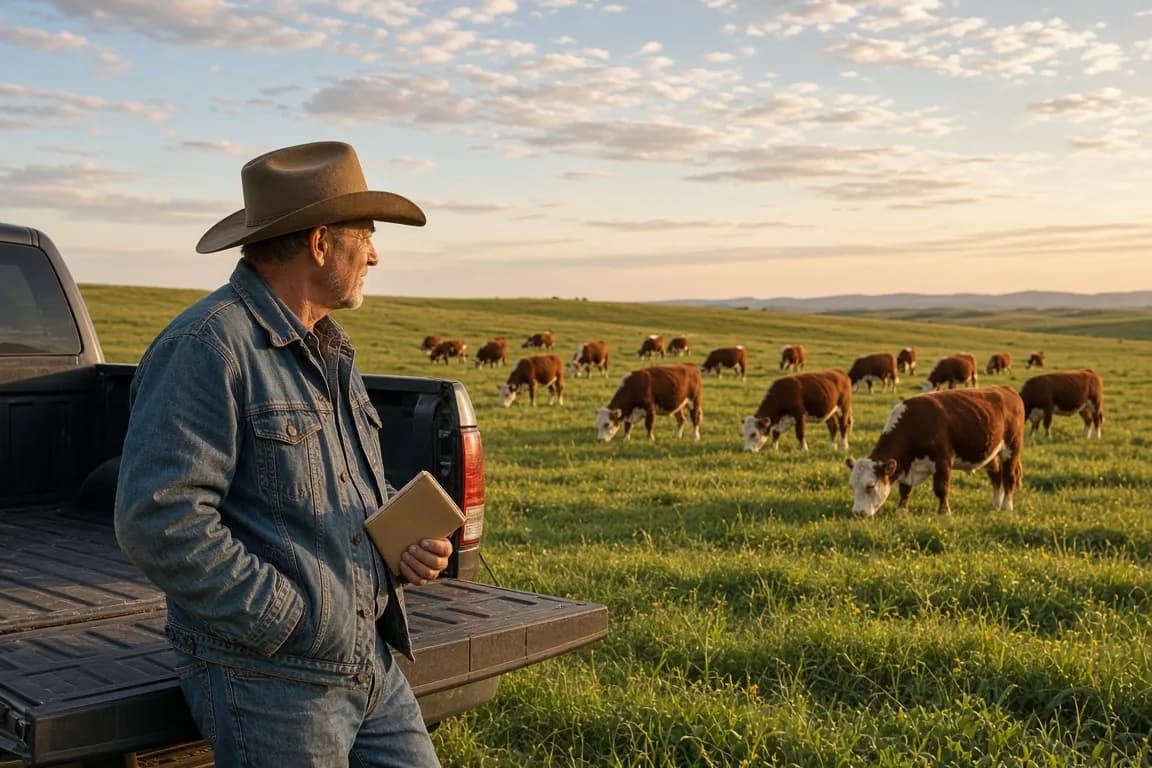 A rancher leaning on a pickup tailgate with a notebook, watching Hereford cattle graze a green pasture