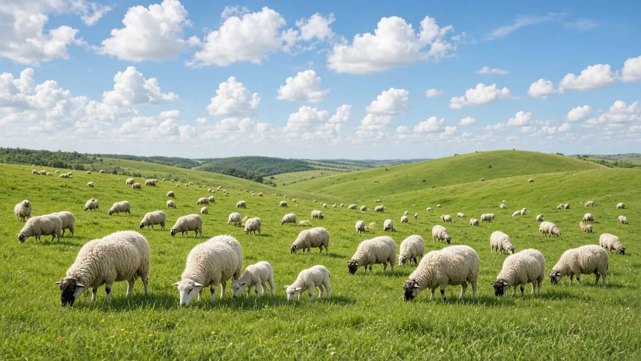 A flock of white-faced sheep grazing rolling green hills under a wide spring sky