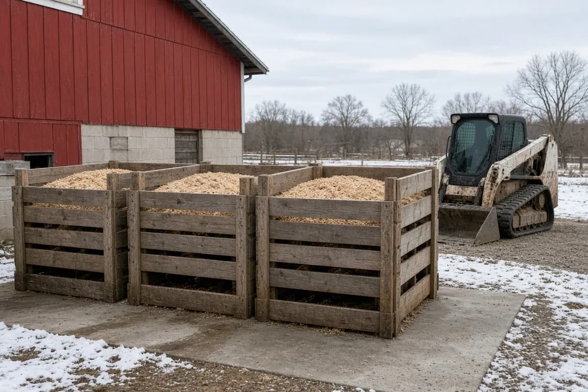 Three-sided wooden compost bins filled with sawdust beside a red dairy barn under a pale winter sky