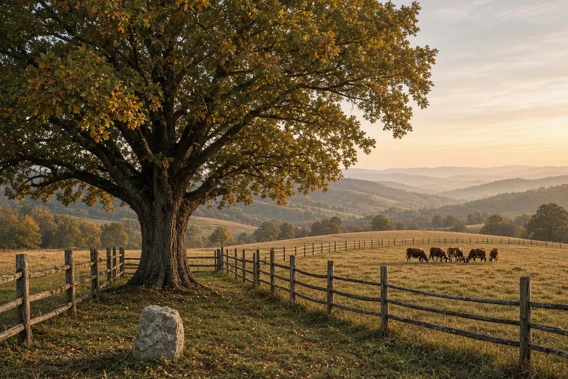 A lone oak tree at the corner of a fenced pasture in early autumn, a small fieldstone marker at its base and a few Hereford cattle grazing in the distance