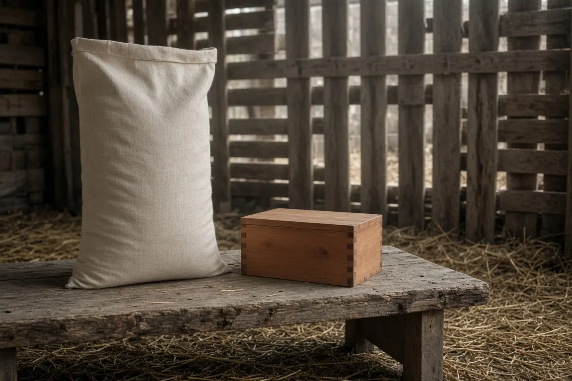 A plain canvas feed sack and a small cedar box resting on a weathered wooden bench inside a quiet barn, soft light through slatted boards