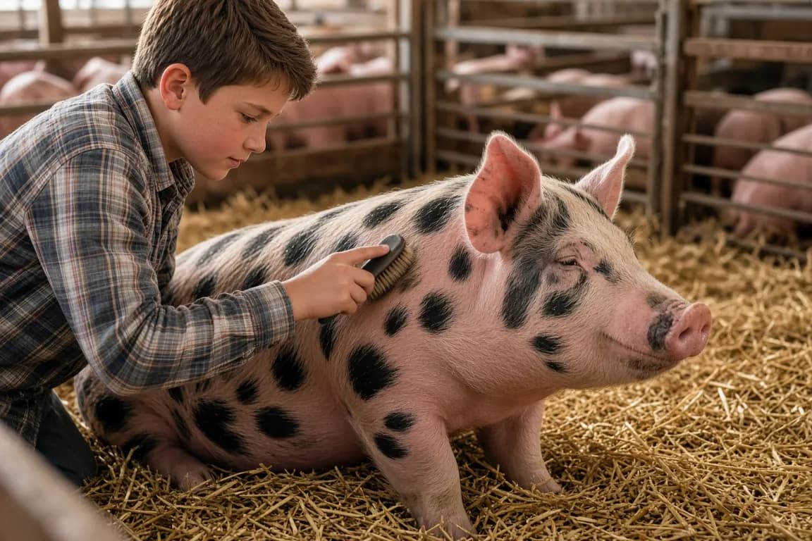 A young boy in a plaid shirt brushing a clean pink-and-black show pig in a straw-bedded pen at a county fair barn