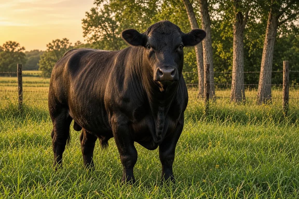 A heavy black Angus bull standing in knee-high grass at the edge of a pasture in golden evening light, a wire fence and cottonwoods behind