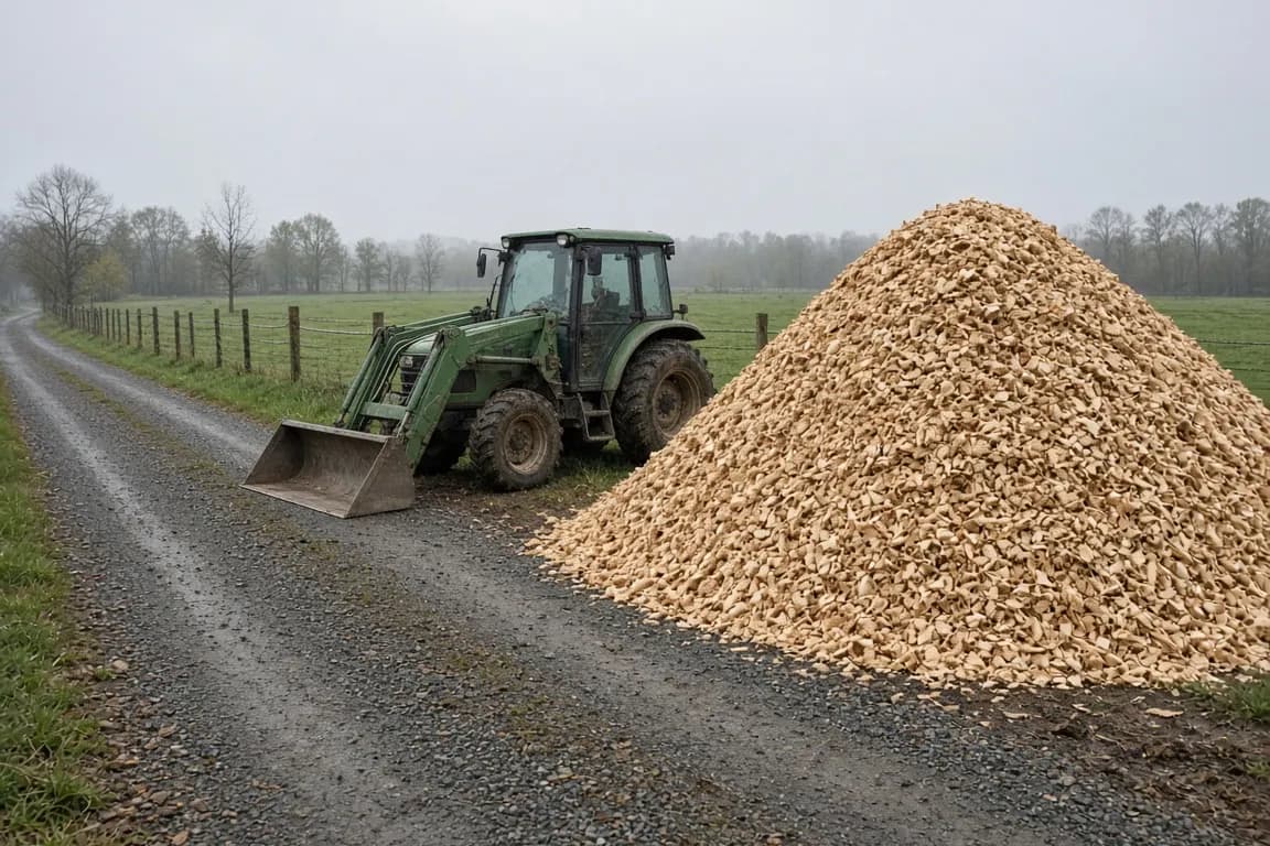 A tall pile of fresh wood chips beside a gravel farm lane with a loader tractor parked next to it on an overcast morning