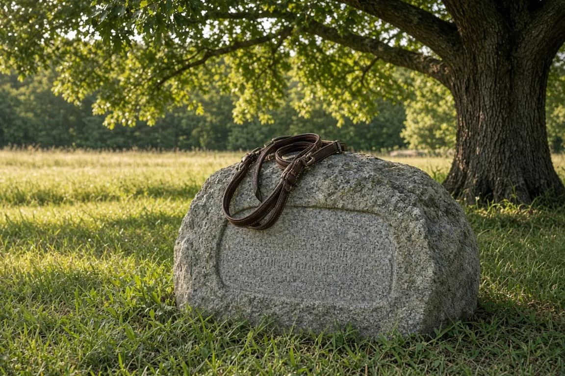 An engraved granite fieldstone set in short grass beneath a large oak at the edge of a pasture, a coiled show halter resting on top, late afternoon light