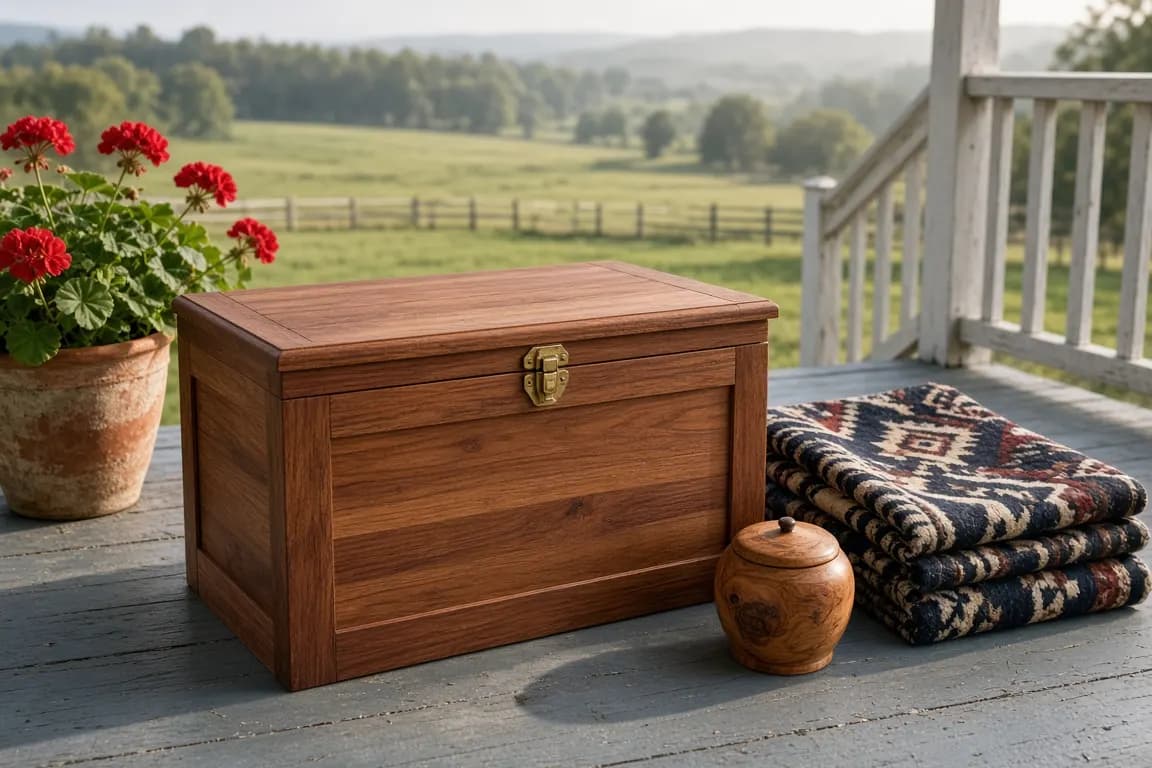 A handmade cedar chest with a brass latch on a farmhouse porch, a folded show blanket and a small wooden keepsake urn set beside it