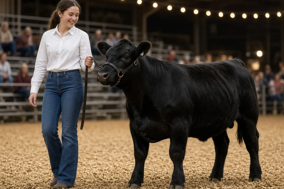 A teenage girl in a white show shirt leading a glossy black steer on a halter across a wood-shavings show ring, bleachers softly blurred behind